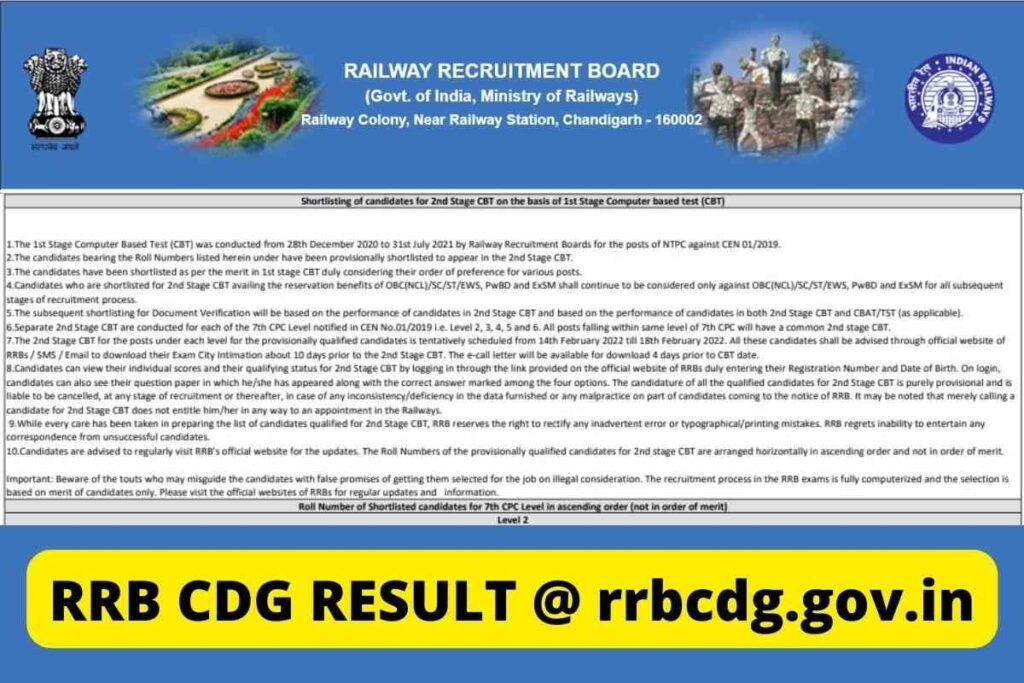 RRB CDG RESULT rrbcdg.gov.in