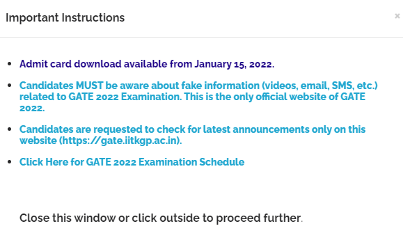GATE 2022 Admit Card Download (Link) @ gate.iitkgp.ac.in