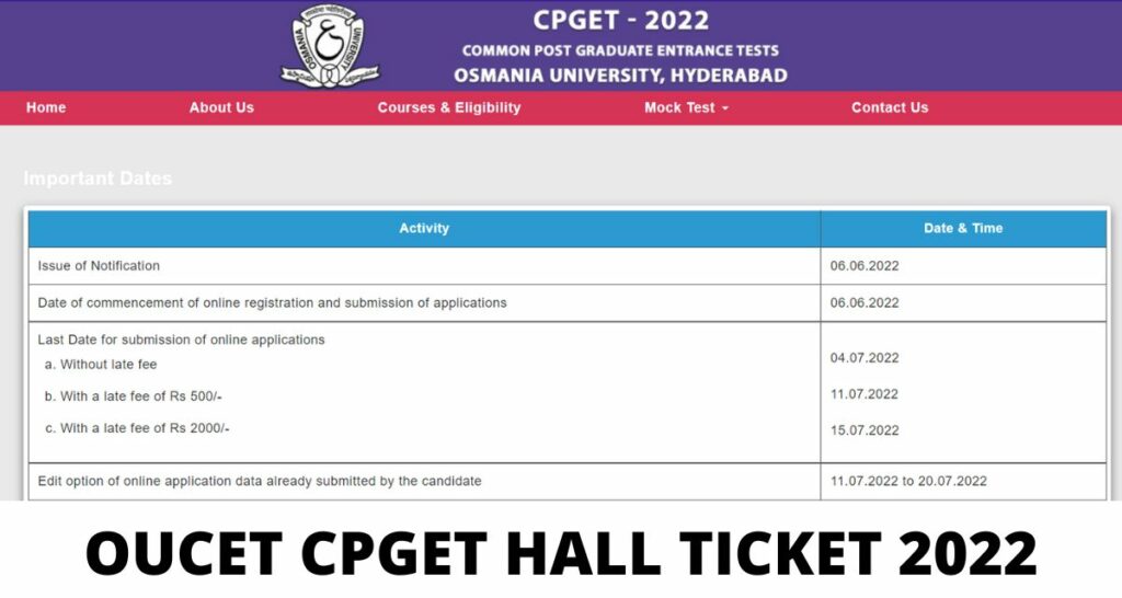 OUCET CPGET Hall Ticket 2022